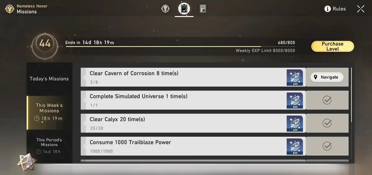 Nameless Honor Weekly Missions